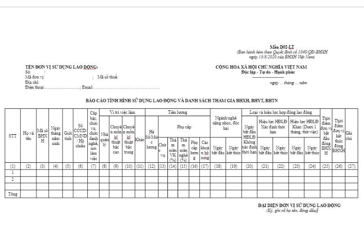 D02-LT | Báo cáo tình hình sử dụng lao động và danh sách tham gia BHXH, BHYT, BHTN