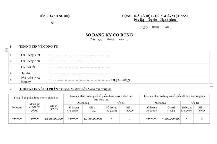 Mẫu sổ đăng ký cổ đông theo Luật Doanh nghiệp 2020