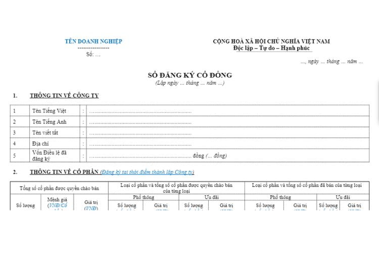 Mẫu sổ đăng ký cổ đông theo Luật Doanh nghiệp 2020