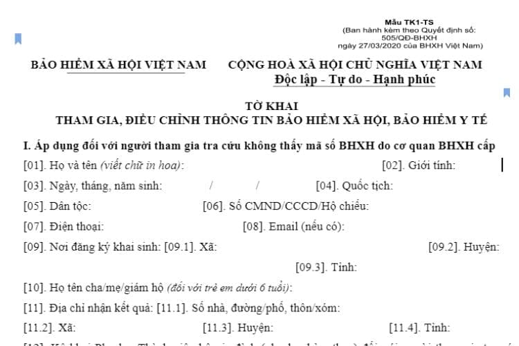 Mẫu TK1-TS: Tờ khai tham gia, điều chỉnh thông tin BHXH, BHYT