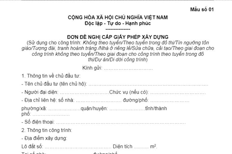 Đơn đề nghị cấp giấy phép xây dựng (Mẫu số 01)