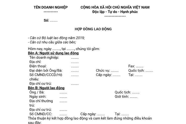 Mẫu Hợp đồng lao động không xác định thời hạn