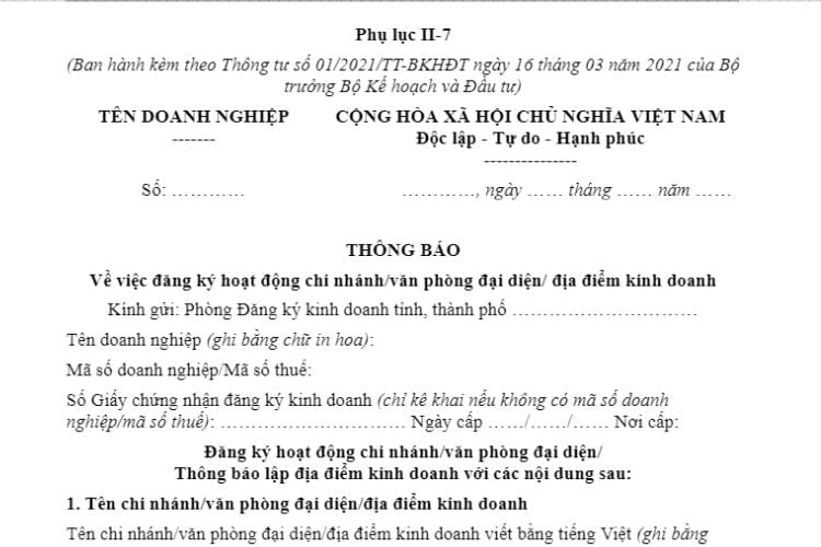 Phụ lục II-7 | Thông báo về việc đăng ký hoạt động chi nhánh/VPĐD/ĐĐKD