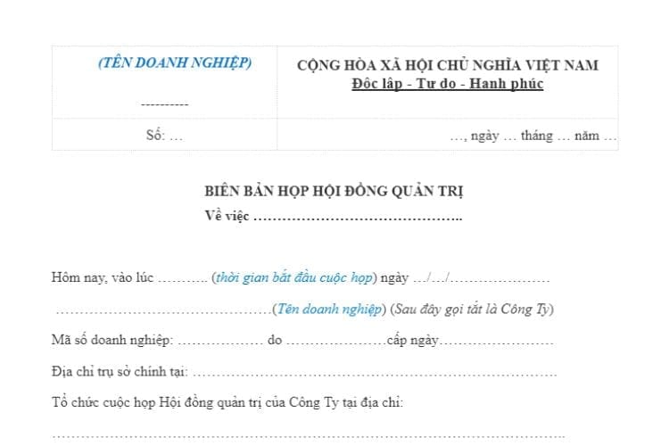 Mẫu Biên bản họp của Hội đồng quản trị công ty cổ phần 2 Mẫu Biên bản họp của Hội đồng quản trị công ty cổ phần
