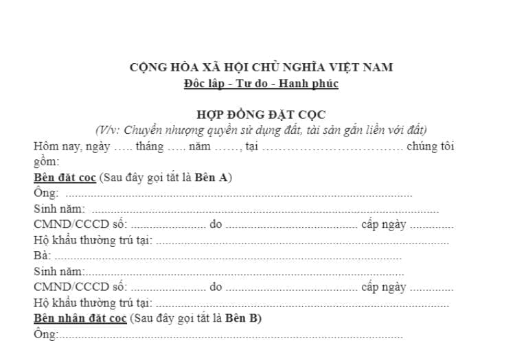 Hợp đồng đặt cọc chuyển nhượng quyền sử dụng đất, tài sản gắn liền với đất