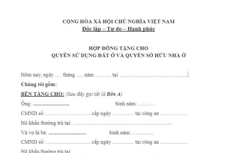 Hợp đồng tặng cho quyền sử dụng đất và quyền sở hữu nhà ở