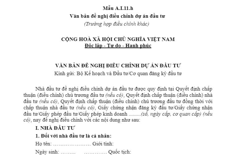 Mẫu A.I.11.h | Văn bản đề nghị điều chỉnh dự án đầu tư