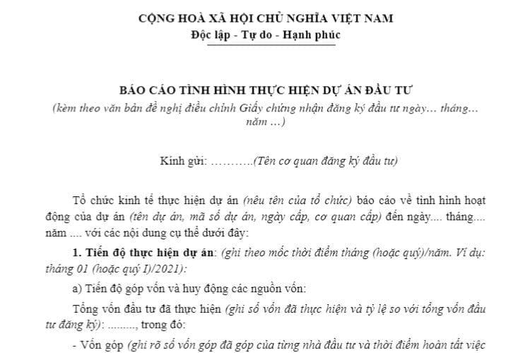 Mẫu A.I.12 | Báo cáo tình hình triển khai dự án đầu tư đến thời điểm điều chỉnh 4 Mẫu A.I.12 | Báo cáo tình hình thực hiện dự án đầu tư