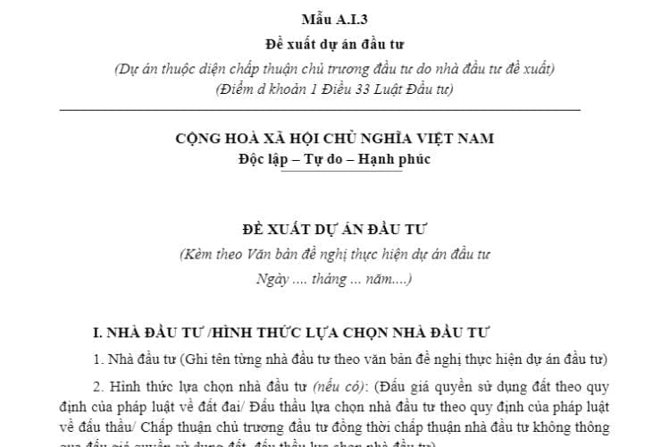 Mẫu A.I.3 | Đề xuất dự án đầu tư (do nhà đầu tư đề xuất)