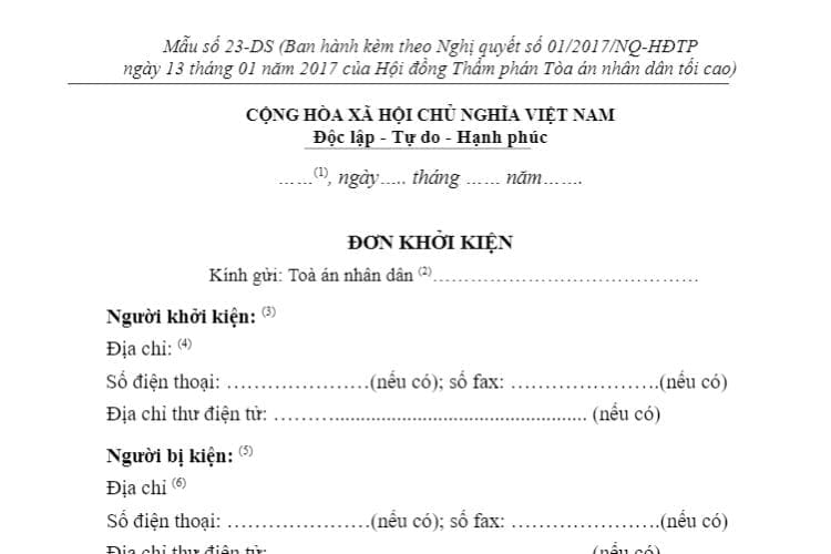Mẫu Đơn khởi kiện (Mẫu số 23-DS) mới nhất