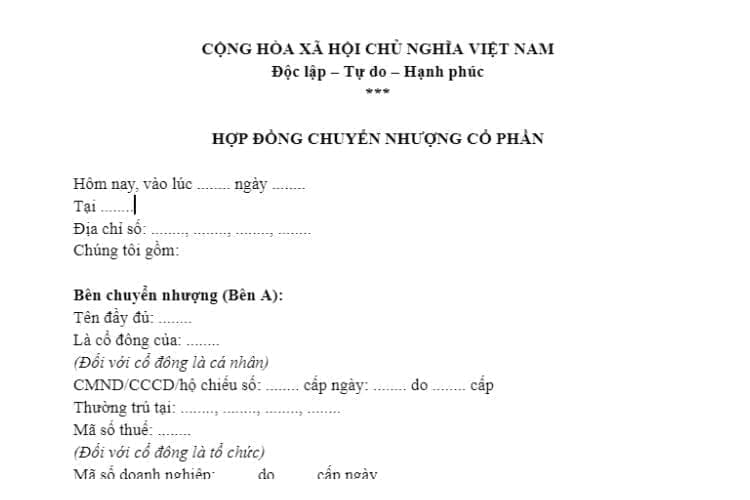 Mẫu hợp đồng chuyển nhượng cổ phần mới nhất