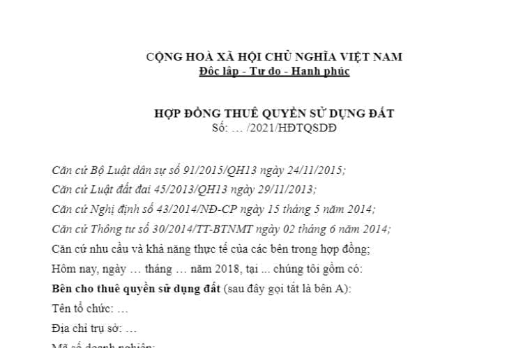 Mẫu Hợp đồng thuê quyền sử dụng đất