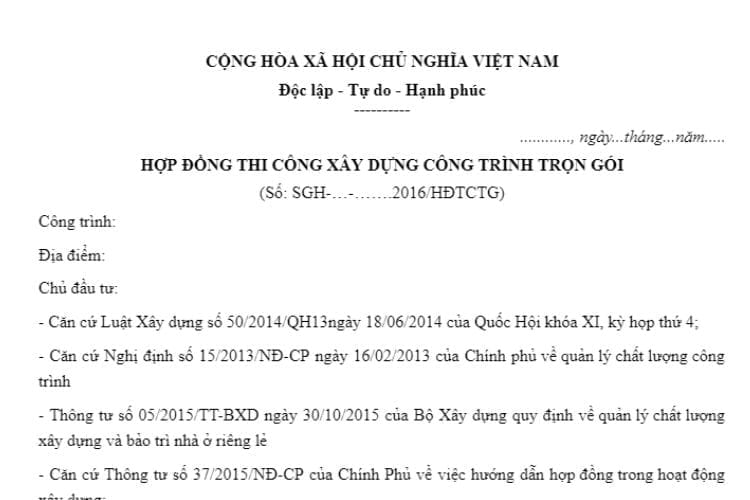 Hợp đồng thi công xây dựng công trình trọn gói