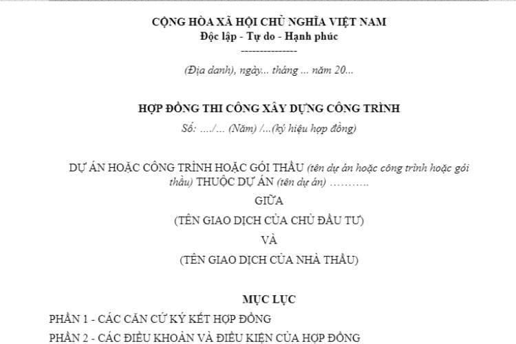 Hợp đồng thi công xây dựng công trình