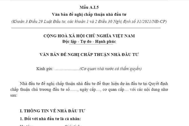 Mẫu A.I.5 | Văn bản đề nghị chấp thuận nhà đầu tư