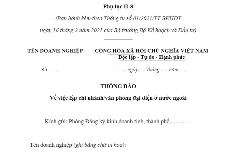 Phụ lục II-8 | Thông báo về việc lập chi nhánh/văn phòng đại diện ở nước ngoài