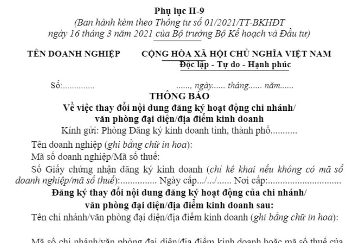 Phụ lục II-9 | Thông báo Về việc thay đổi nội dung đăng ký hoạt động chi nhánh