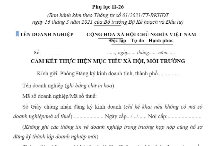 Phụ lục II-26 | Mẫu cam kết thực hiện mục tiêu xã hội, môi trường