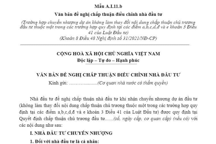 Mẫu A.I.11.b | Văn bản đề nghị chấp thuận điều chỉnh nhà đầu tư