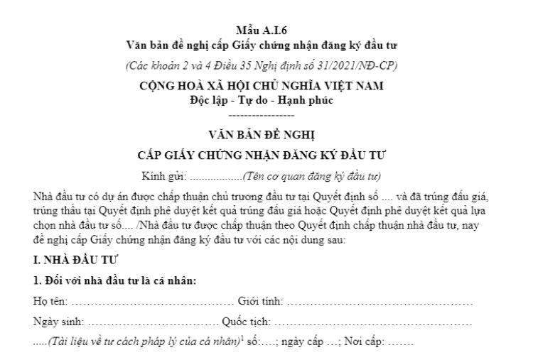 Mẫu A.I.6 | Văn bản đề nghị cấp Giấy chứng nhận đăng ký đầu tư