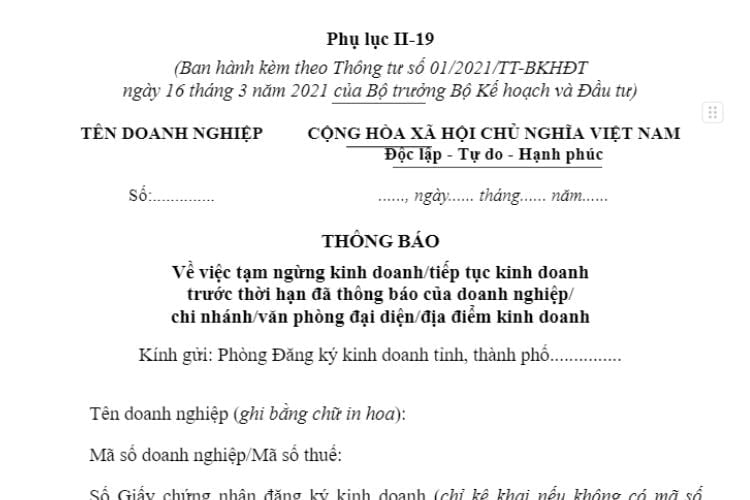 Phụ lục II-19 | Thông báo về việc tạm ngừng kinh doanh/tiếp tục kinh doanh trước thời hạn