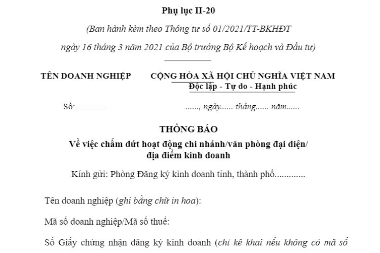 Phụ lục II-20 | Thông báo về việc chấm dứt hoạt động chi nhánh/văn phòng đại diện/địa điểm kinh doanh