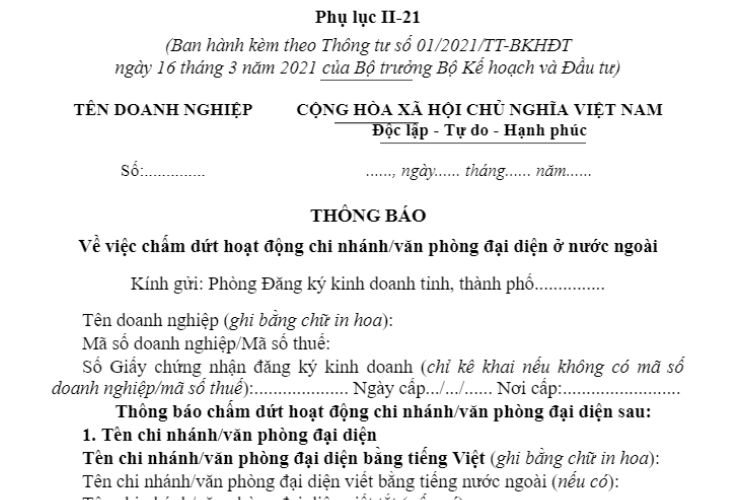 Phụ lục II-21 | Thông báo về việc chấm dứt hoạt động chi nhánh