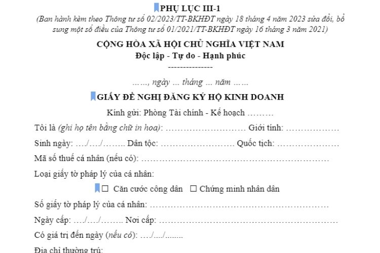 Phụ lục III-1 | Giấy đề nghị đăng ký hộ kinh doanh