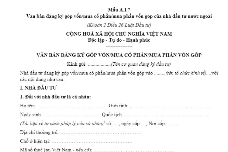 Mẫu A.I.7 | Văn bản đăng ký góp vốn/mua cổ phần/mua phần vốn góp
