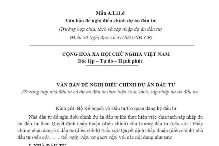 Mẫu A.I.11.d | Văn bản đề nghị điều chỉnh dự án đầu tư