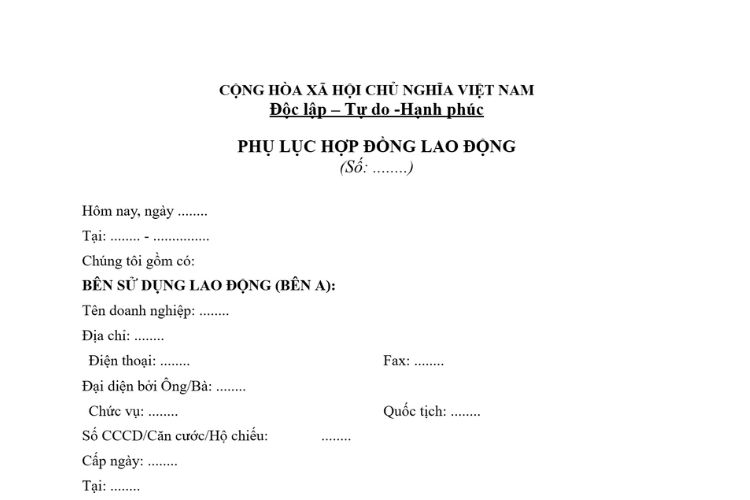 Mẫu Phụ lục Hợp đồng lao động theo Bộ luật Lao động 2019