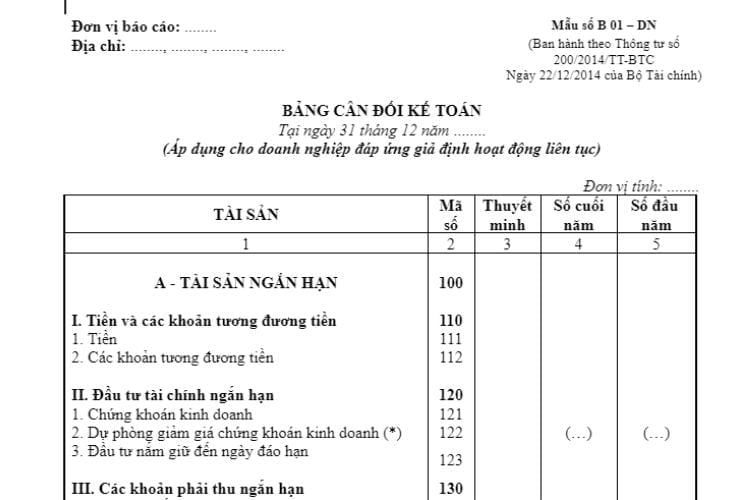 Mẫu số B 01- DN | Bảng cân đối kế toán