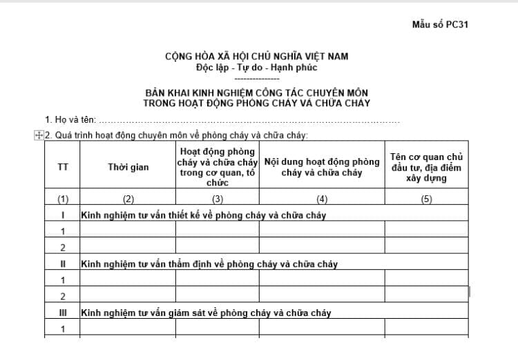 Bản khai kinh nghiệm công tác chuyên môn trong hoạt động PCCC 3 Bản khai kinh nghiệm công tác chuyên môn trong hoạt động PCCC