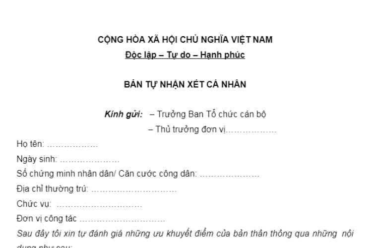 Mẫu bản tự nhận xét ưu khuyết điểm cá nhân