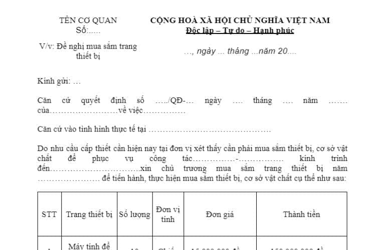 Mẫu công văn đề nghị mua sắm trang thiết bị