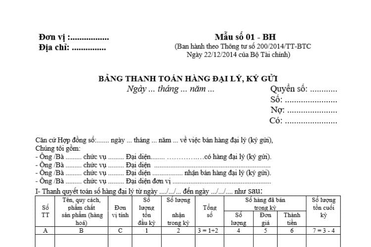 Mẫu số 01-BH | Bảng thanh toán hàng đại lý, ký gửi 2 Mẫu số 01-BH | Bảng thanh toán hàng đại lý, ký gửi