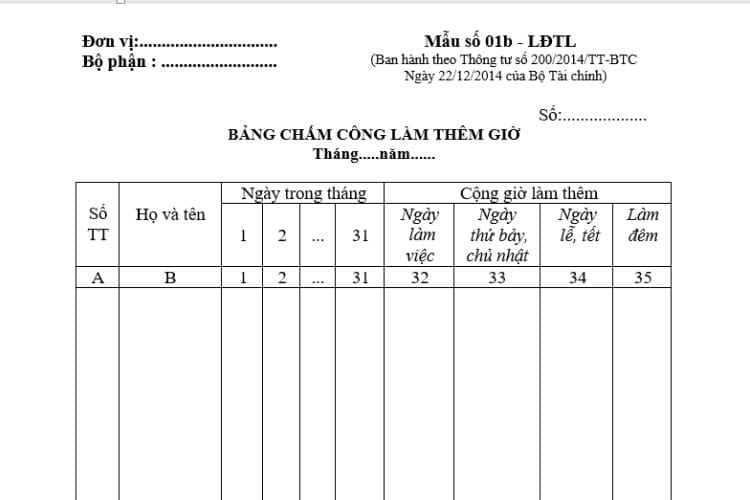 Mẫu số 01b-LĐTL | Mẫu bảng chấm công làm thêm giờ