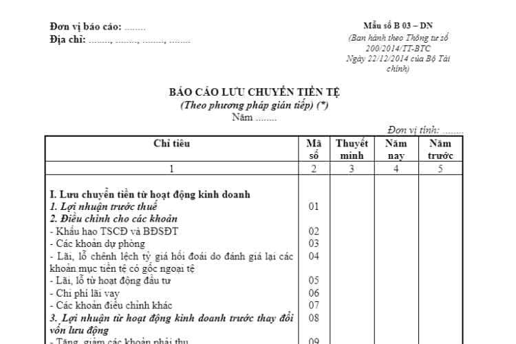 Mẫu số B 03 - DN | Báo cáo lưu chuyển tiền tệ (gián tiếp)