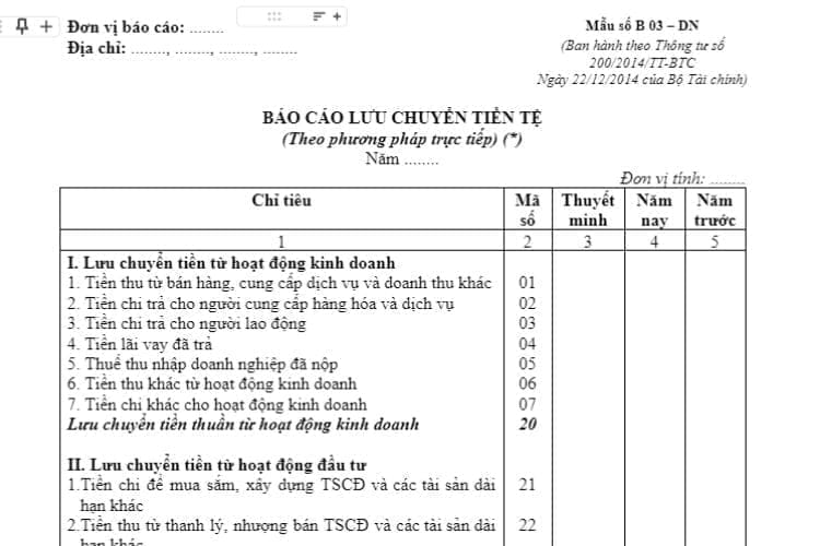 Mẫu số B 03 – DN | Báo cáo lưu chuyển tiền tệ (trực tiếp)