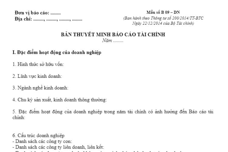 Mẫu B09–DN | Bản thuyết minh Báo cáo tài chính năm theo TT200