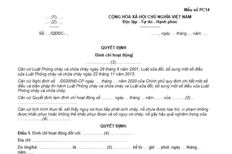 Mẫu số PC14 | Quyết định đình chỉ hoạt động về PCCC