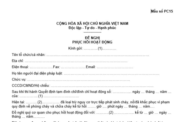 Mẫu số PC15 | Văn bản đề nghị phục hồi hoạt động về PCCC