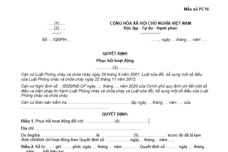 Mẫu số PC16 | Quyết định phục hồi hoạt động về PCCC