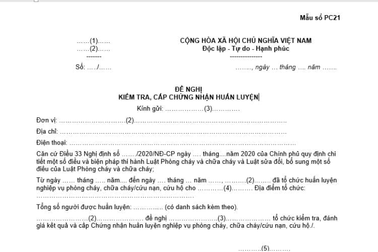 Mẫu số PC21 | Văn bản đề nghị kiểm tra, cấp chứng nhận huấn luyện