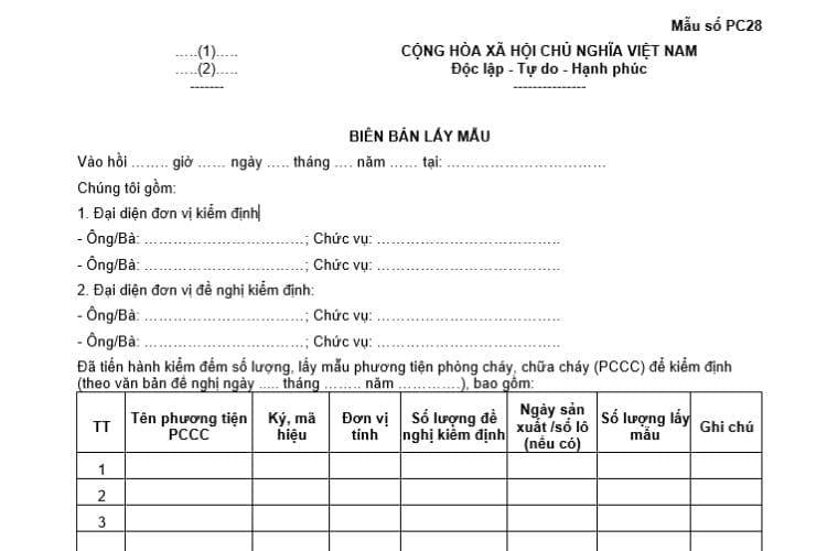 Mẫu số PC28 | Biên bản lấy mẫu phương tiện kiểm định