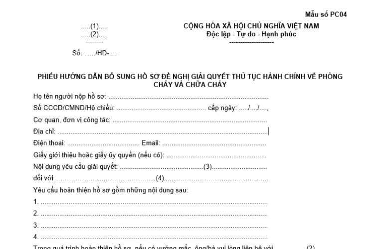 Phiếu hướng dẫn bổ sung hồ sơ đề nghị giải quyết thủ tục hành chính PCCC