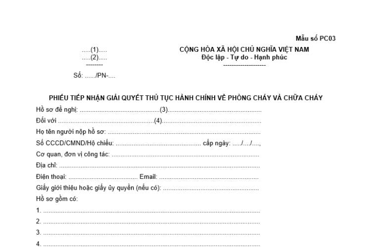 Phiếu tiếp nhận giải quyết thủ tục hành chính về PCCC