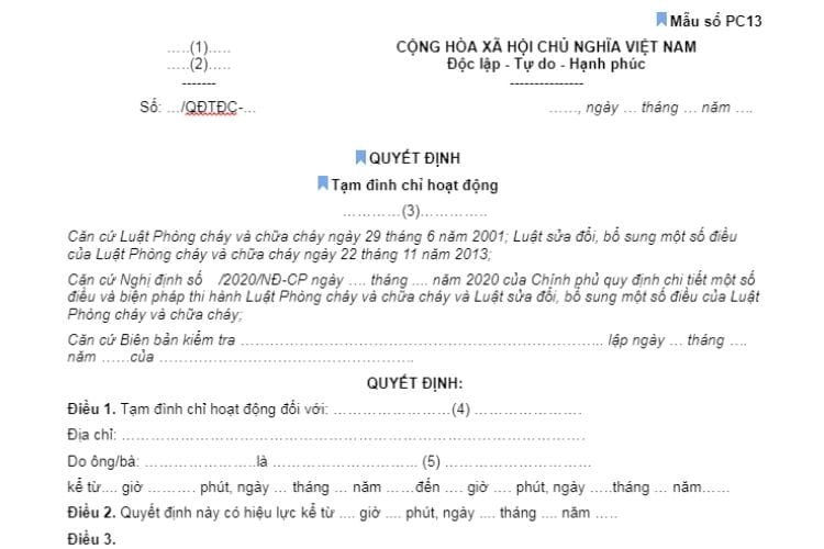 Quyết định tạm đình chỉ hoạt động về PCCC