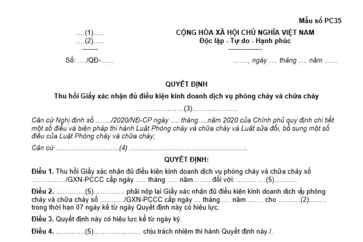 Quyết định thu hồi Giấy xác nhận đủ điều kiện kinh doanh dịch vụ PCCC