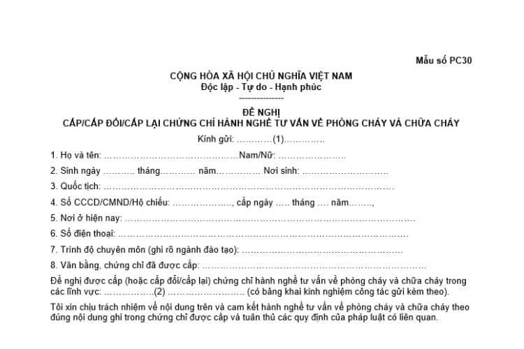 Văn bản đề nghị cấp/cấp đổi/cấp lại Chứng chỉ hành nghề tư vấn PCCC